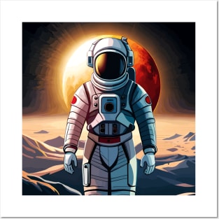 Spaceman astronaut with a red moon behind Posters and Art